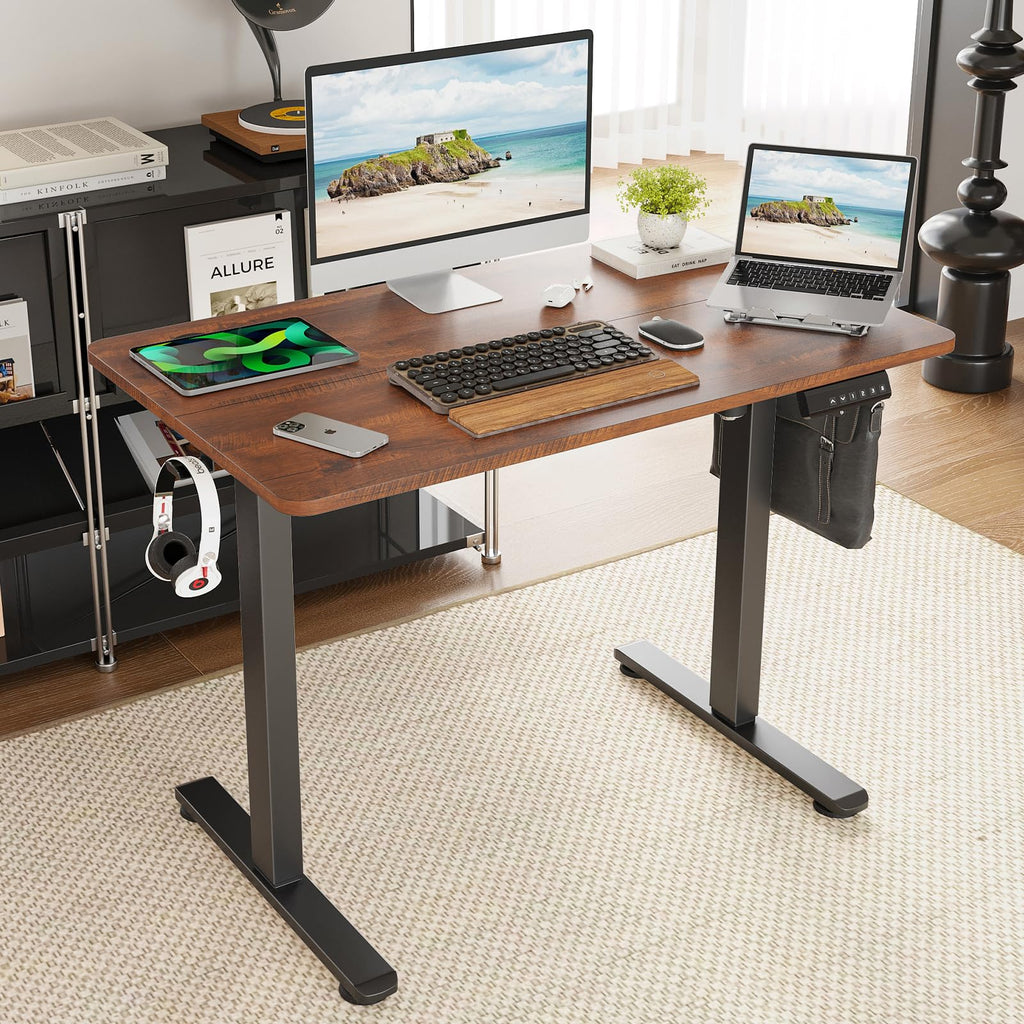AYJOIR Electric Standing Desk for Home Office, Adjustable Height Sit Stand Desks with Splice Board, 3 Memory Preset Offices Table with Headphone Hook (Reddish Brown, 40''L* 24''W)