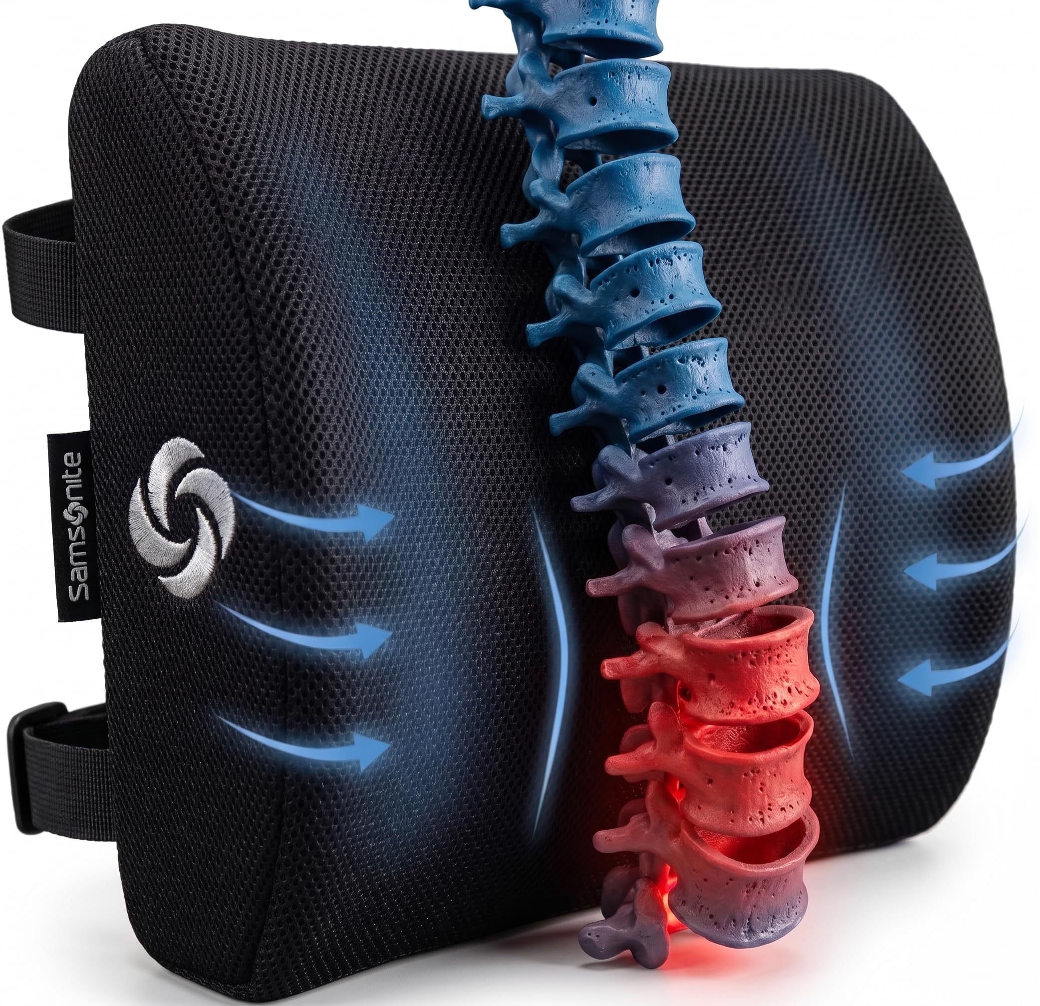 Samsonite Lumbar Support Pillow for Office Chair and Car Seat, Perfectly Balanced Memory Foam, Versatile Use Lower Back Cushion