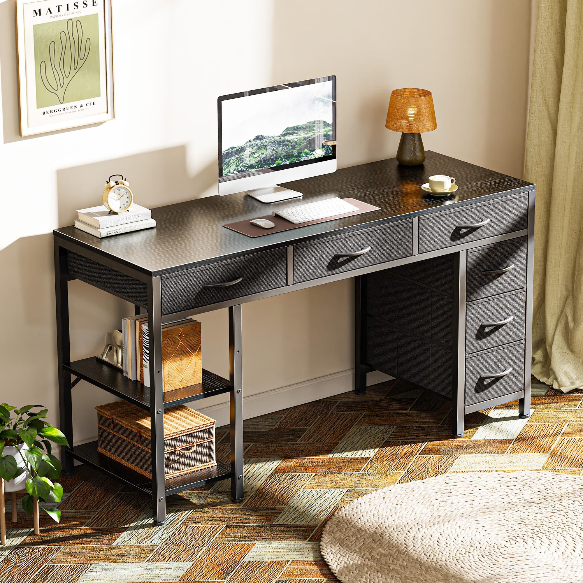 Huuger Computer Desk with 6 Drawers, Office Desk with Shelves, Reversible Gaming Desk, Corner Desk with Storage, Work for Home Office, Study, Living Room