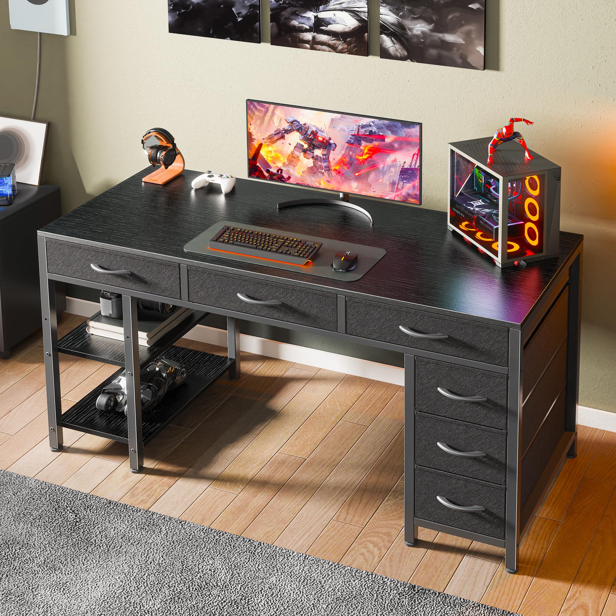 Huuger Computer Desk with 6 Drawers, Office Desk with Shelves, Reversible Gaming Desk, Corner Desk with Storage, Work for Home Office, Study, Living Room