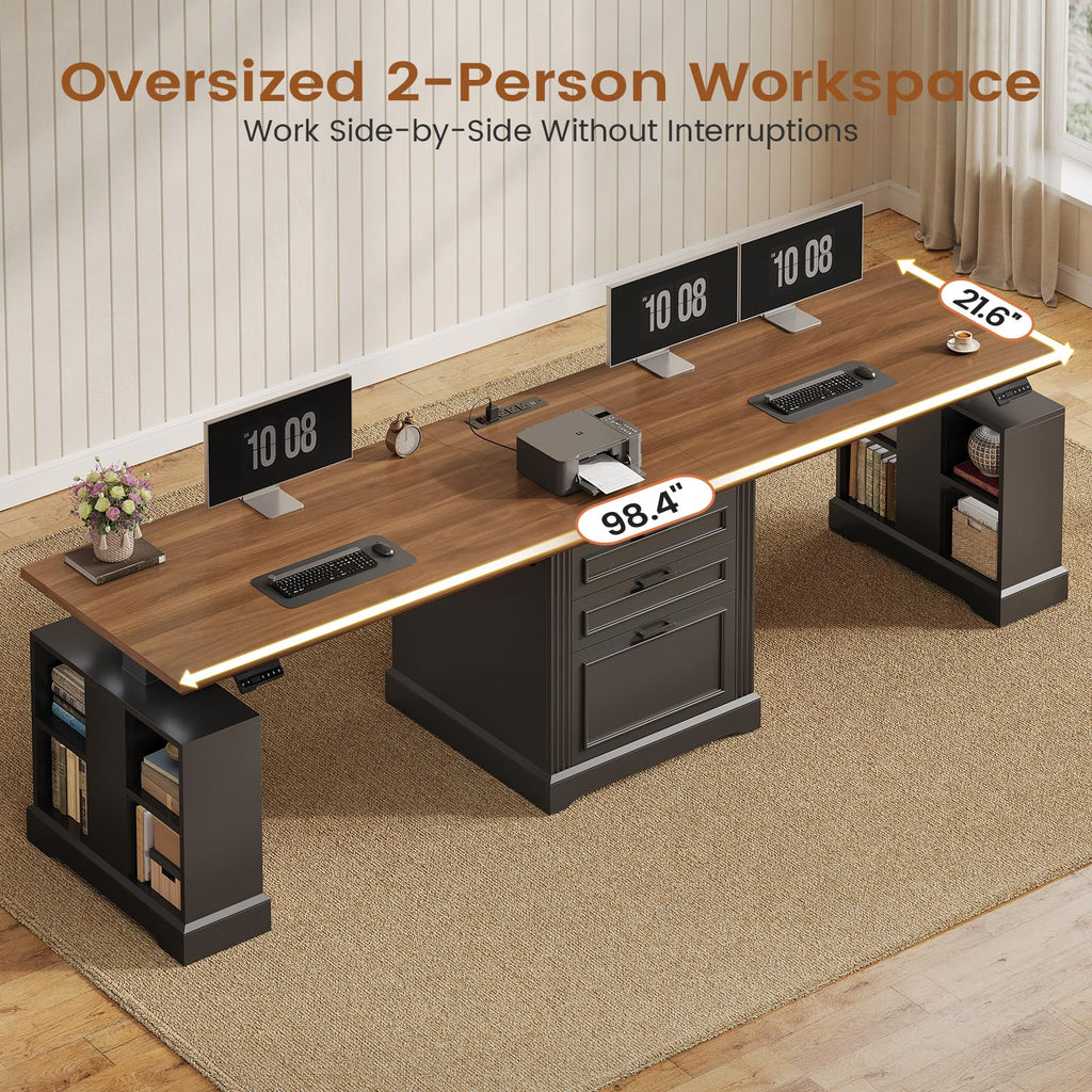 SEDETA Farmhouse Electric Standing Desk, 63" Height Adjustable Computer Desk with 3 Drawers, Storage Shelves, Power Outlets, Wood Home Office Stand up Desk for Work, Study, Writing