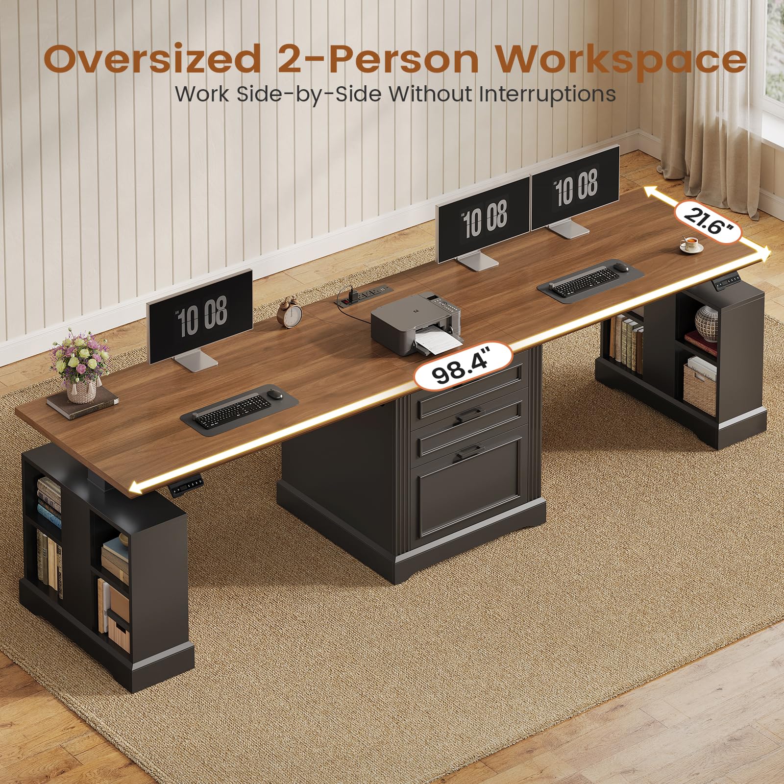 SEDETA Farmhouse Electric Standing Desk, 63" Height Adjustable Computer Desk with 3 Drawers, Storage Shelves, Power Outlets, Wood Home Office Stand up Desk for Work, Study, Writing